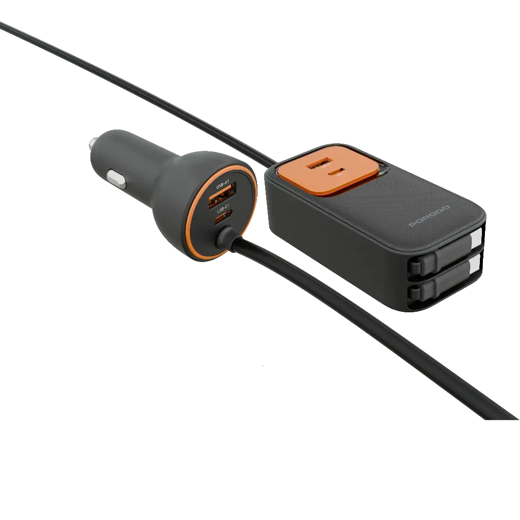 Porodo Car Charger with PD45W Retractable type-C cable X2 - BlacK