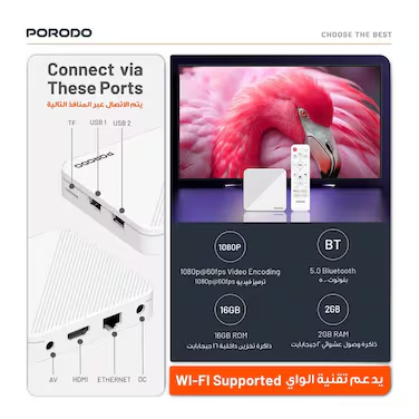 Porodo Echobox Android TV Box with 4K Ultra HD Streaming - White