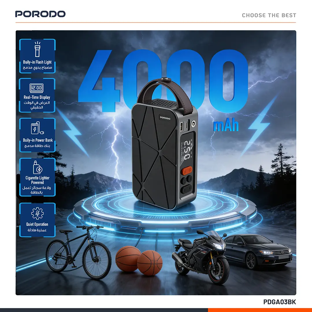Porodo Flator 60W Car Tire Inflator with 4000 mAh Battery- Black PDGA03BK