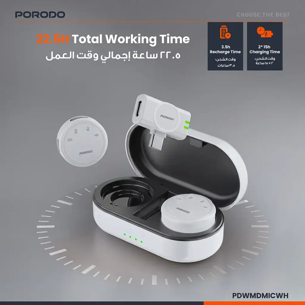Porodo Posfessional Wireless Microphone Dual Mic with Charging (WHITE)