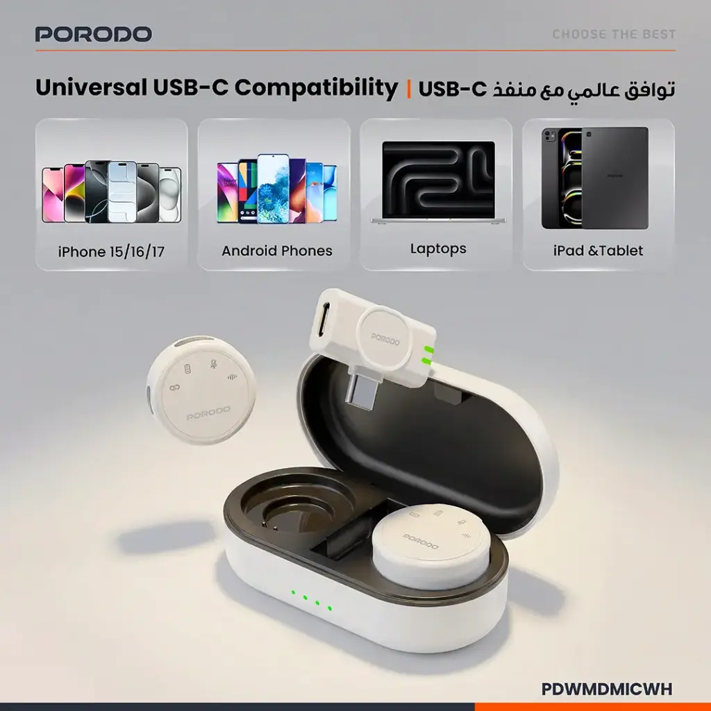 Porodo Posfessional Wireless Microphone Dual Mic with Charging (WHITE)