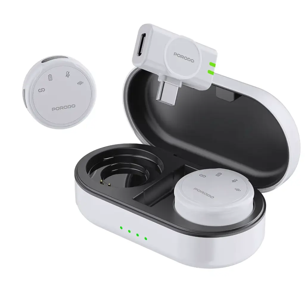 Porodo Posfessional Wireless Microphone Dual Mic with Charging (WHITE)
