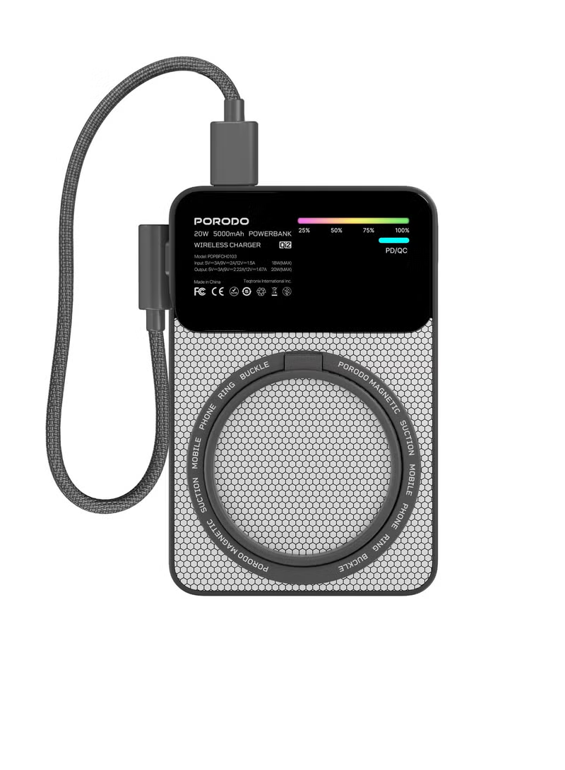 Porodo Yas 5000mAh Qi2 Magsafe Powerbank with PD 20W Type -C to C Cable Grey