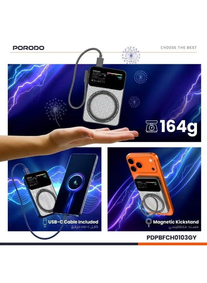 Porodo Yas 5000mAh Qi2 Magsafe Powerbank with PD 20W Type -C to C Cable Grey