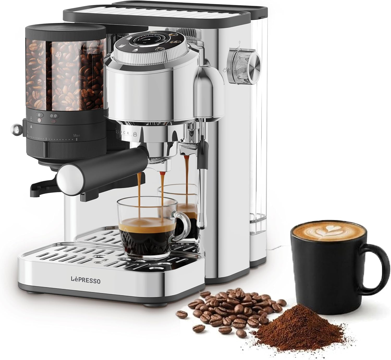LePresso IlBurrone 20 Bar Italian Pump Coffee Machine with Bean Grinder and Steam Wand - Silver