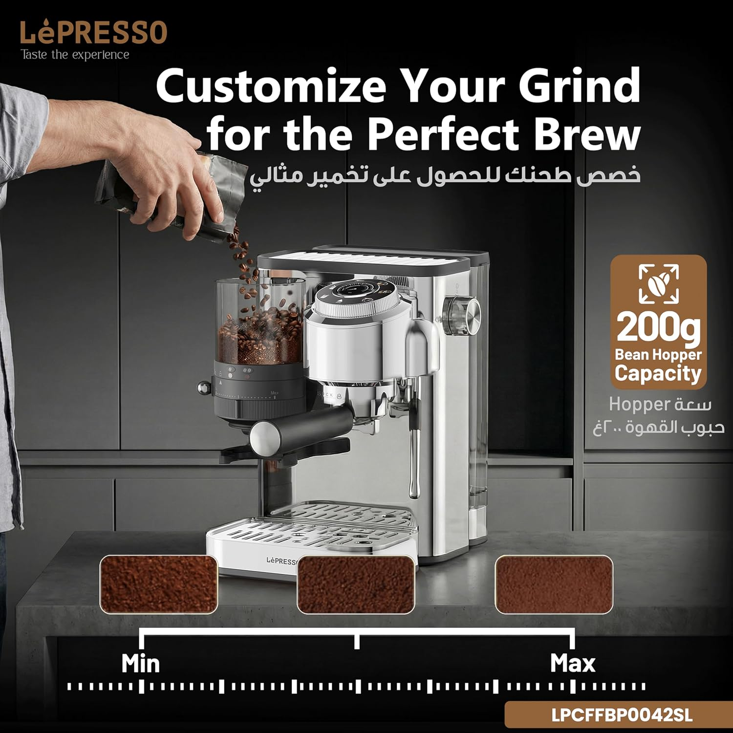 LePresso IlBurrone 20 Bar Italian Pump Coffee Machine with Bean Grinder and Steam Wand - Silver
