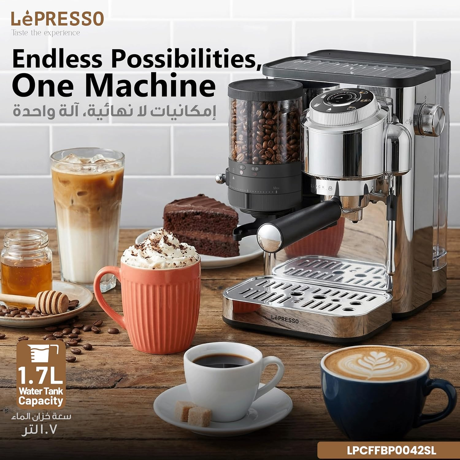 LePresso IlBurrone 20 Bar Italian Pump Coffee Machine with Bean Grinder and Steam Wand - Silver