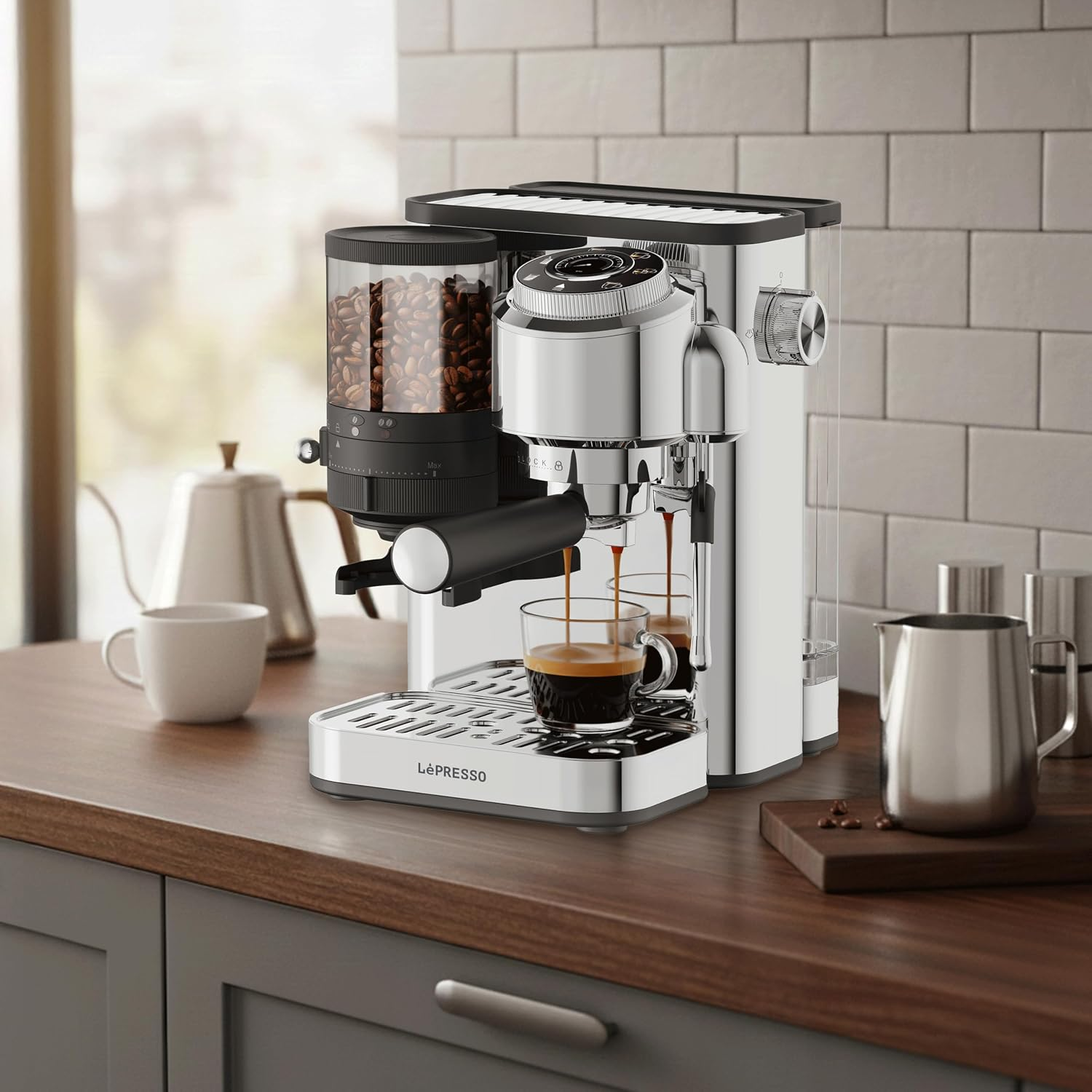 LePresso IlBurrone 20 Bar Italian Pump Coffee Machine with Bean Grinder and Steam Wand - Silver