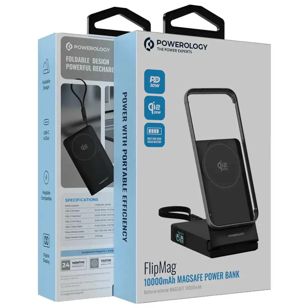 Powerology Flipmag 10000 mAh Powerbank with QI2.2 25W Wireless Charger With Type C cable - Black