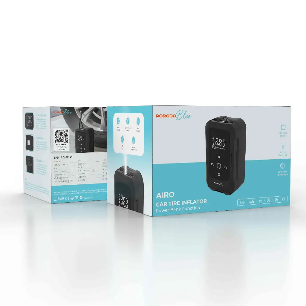 PORODO Blue Airo BATTERY Car TYRE INFLATOR WITH POWERBANK BLACK