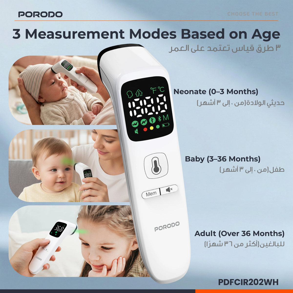 Porodo Infrared Thermometer for Object and Forehead with LED Display - White