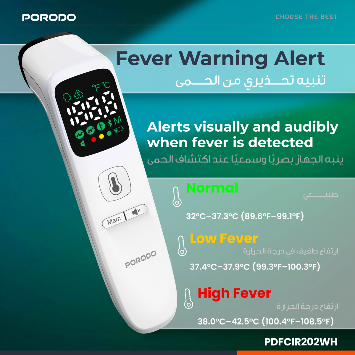 Porodo Infrared Thermometer for Object and Forehead with LED Display - White
