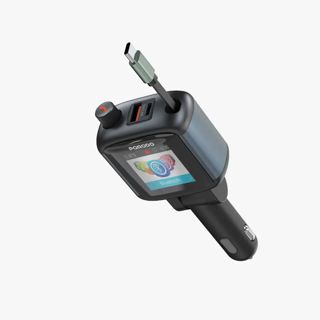 Porodo BT Transmitter Car Charger with Screen Retractable Cable - Black