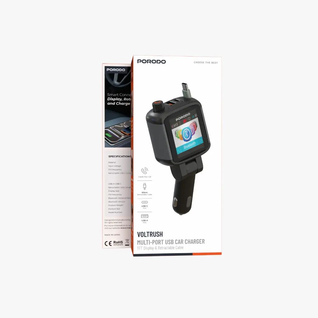 Porodo BT Transmitter Car Charger with Screen Retractable Cable - Black