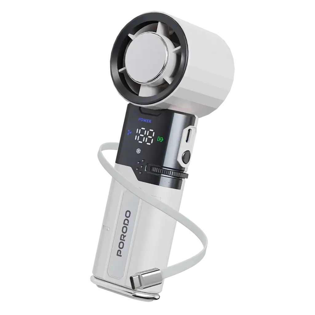 Porodo lifestyle Chillo Plus portable Fan with Retractable Cable & 6000mAh Power Bank – White
