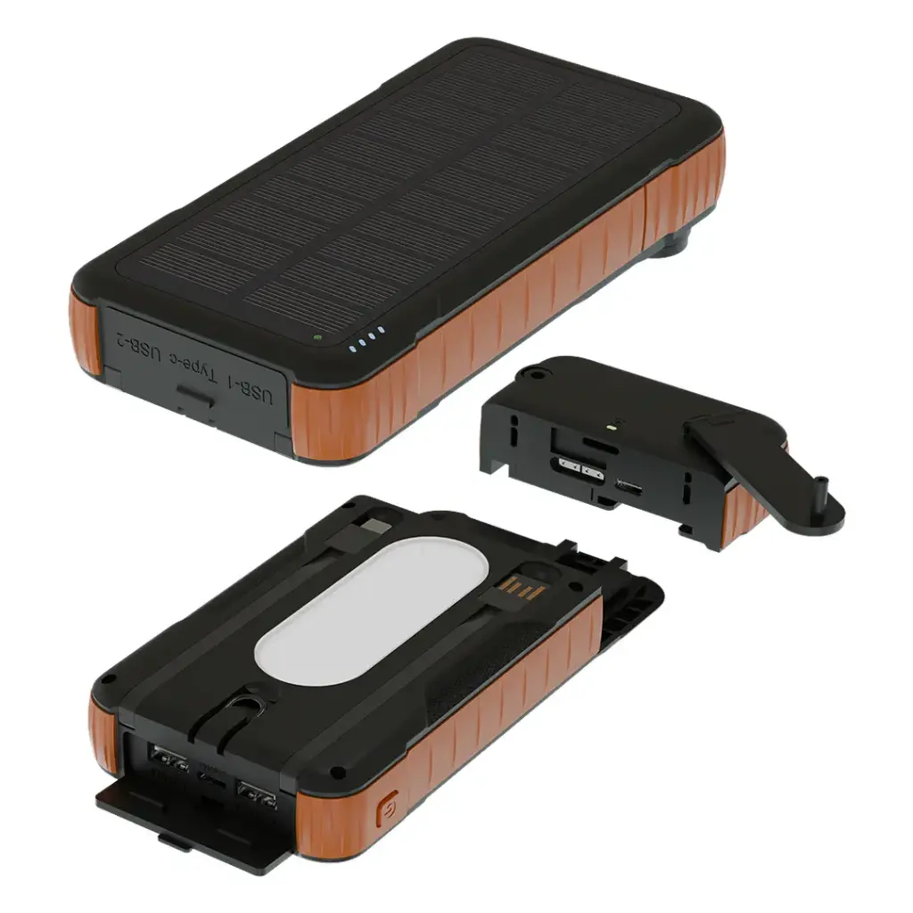 Porodo Solar Powerbank 20000mAh with Detachable Hand Generator Torch Light & Cables – Black