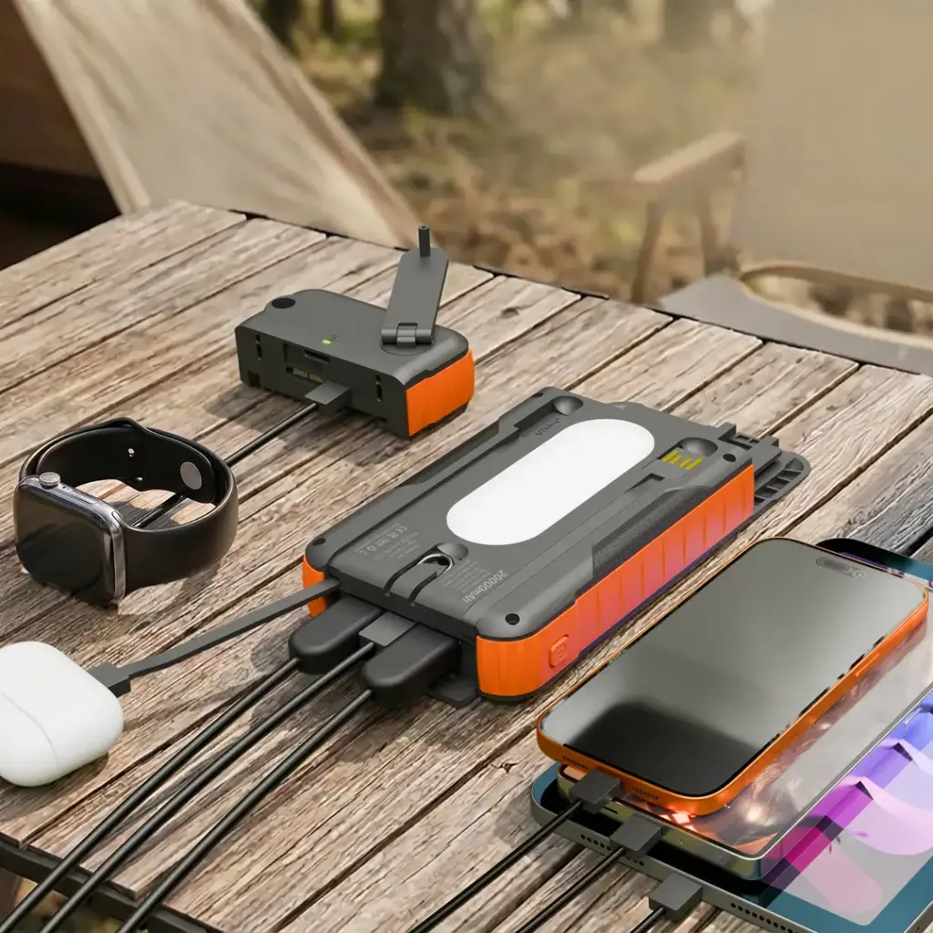 Porodo Solar Powerbank 20000mAh with Detachable Hand Generator Torch Light & Cables – Black