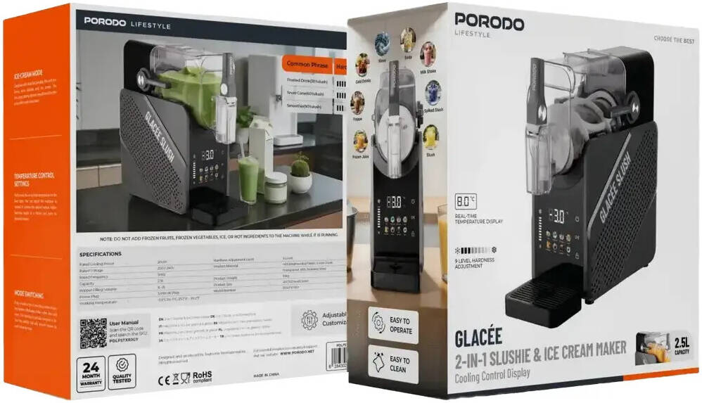 Porodo Lifestyle Glacee 2-In-1 Slushie & Ice Cream Maker with Cooling Control Display - Black