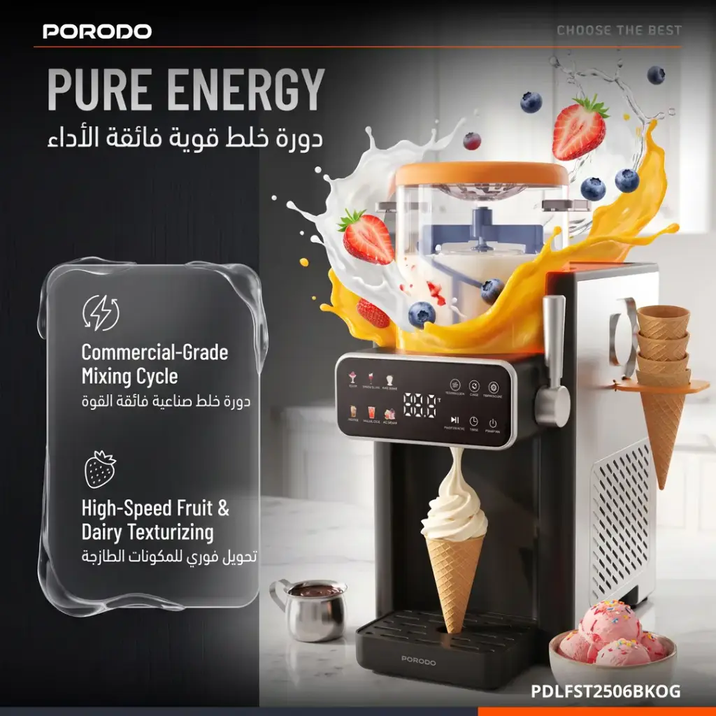 Porodo Lifestyle Frappé Ice Cream & Slushie Maker with Multi-Texture Ice Maker - Black & Orange