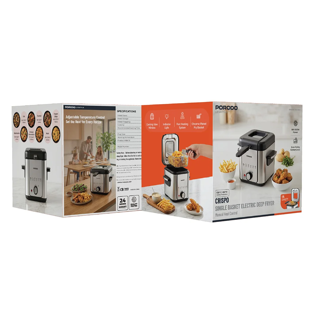 Porodo Lifestyle Electric Single Deep Fryer 1.5L- Black & Silver