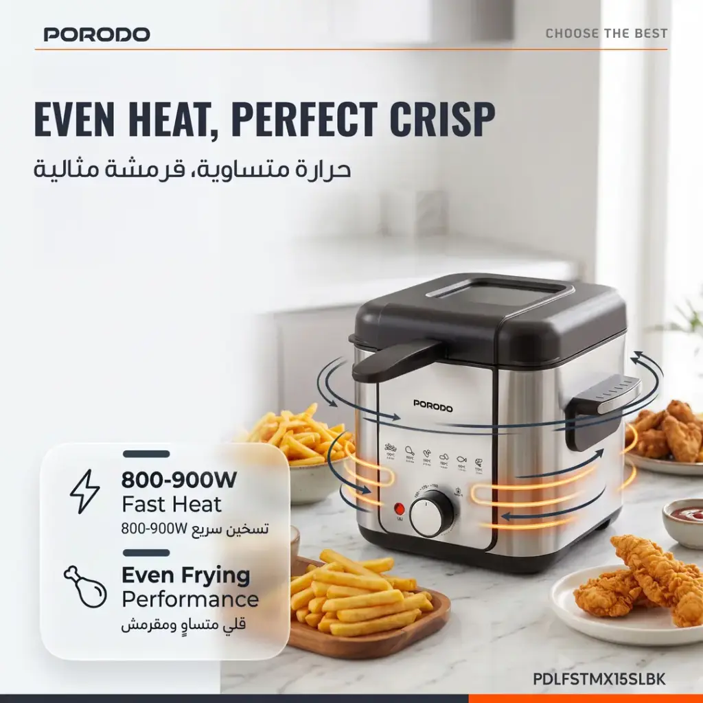 Porodo Lifestyle Electric Single Deep Fryer 1.5L- Black & Silver