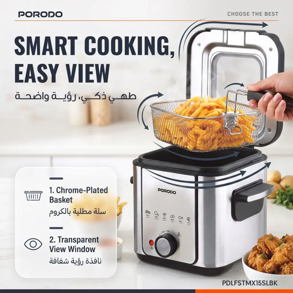 Porodo Lifestyle Electric Single Deep Fryer 1.5L- Black & Silver