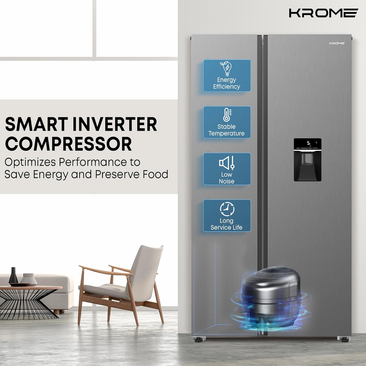 KROME Side-by-Side Refrigerator Gross KR-SBS 701WIH