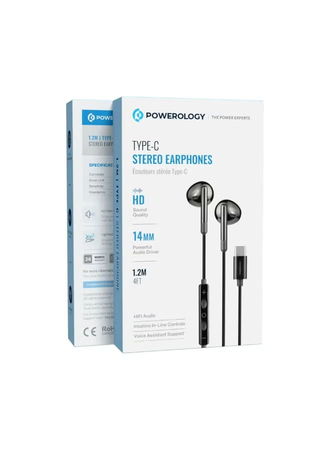 Powerology Type C Stereo Earphones with 3 - Button Volume Control Mic