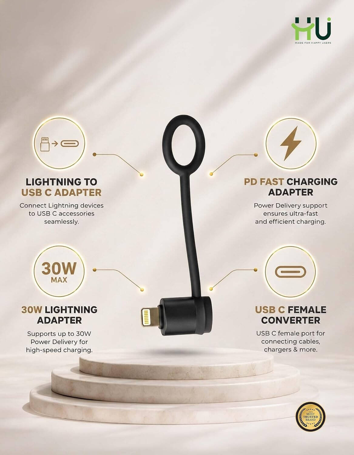 HU USB-C MALE TO LIGHTNING PD FAST CHARGING ADAPTER HAC-1013 (Black)