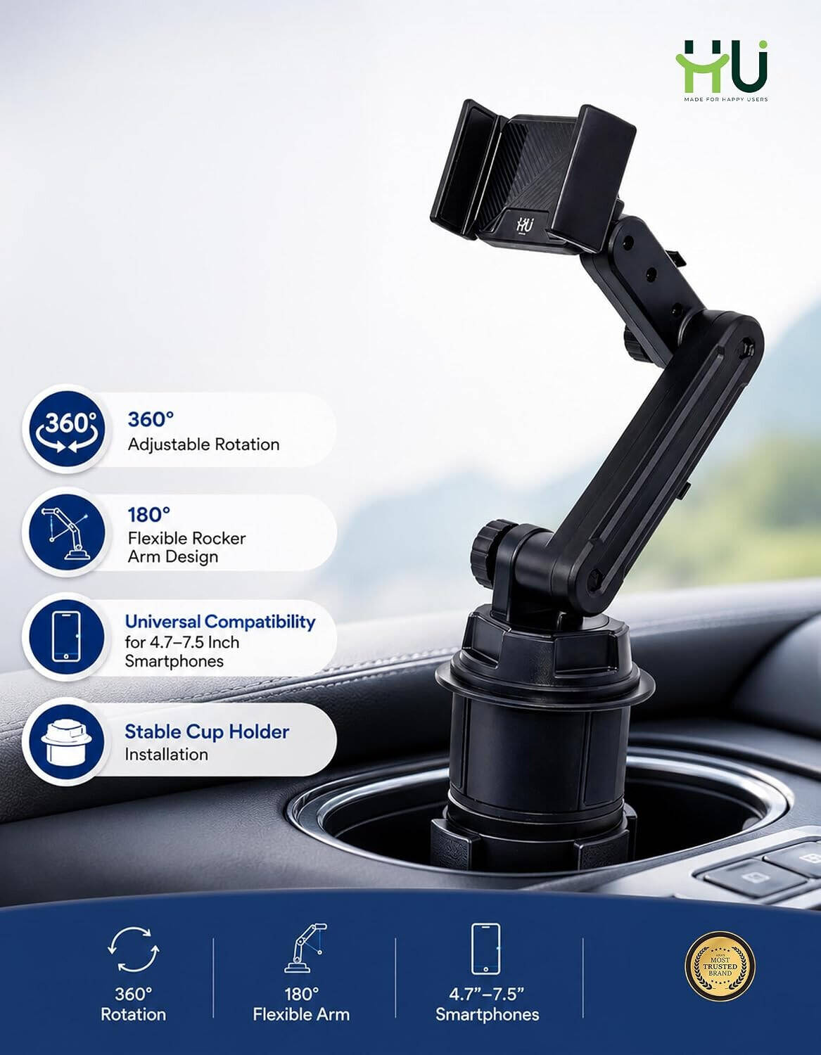 HU Access Car Phone Holder that attaches to the cup holder HAC-1035 with 360° rotation