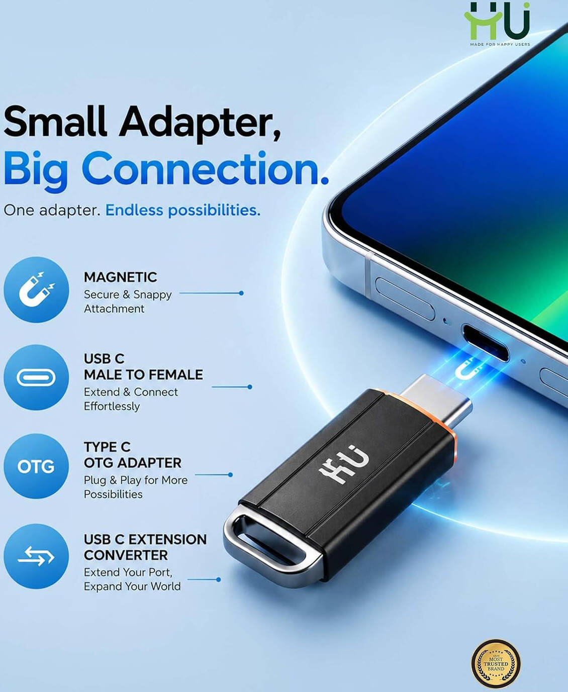 HU USB-C MALE TO USB FEMALE ADAPTER FAST TRANSMISSION HAC-1010