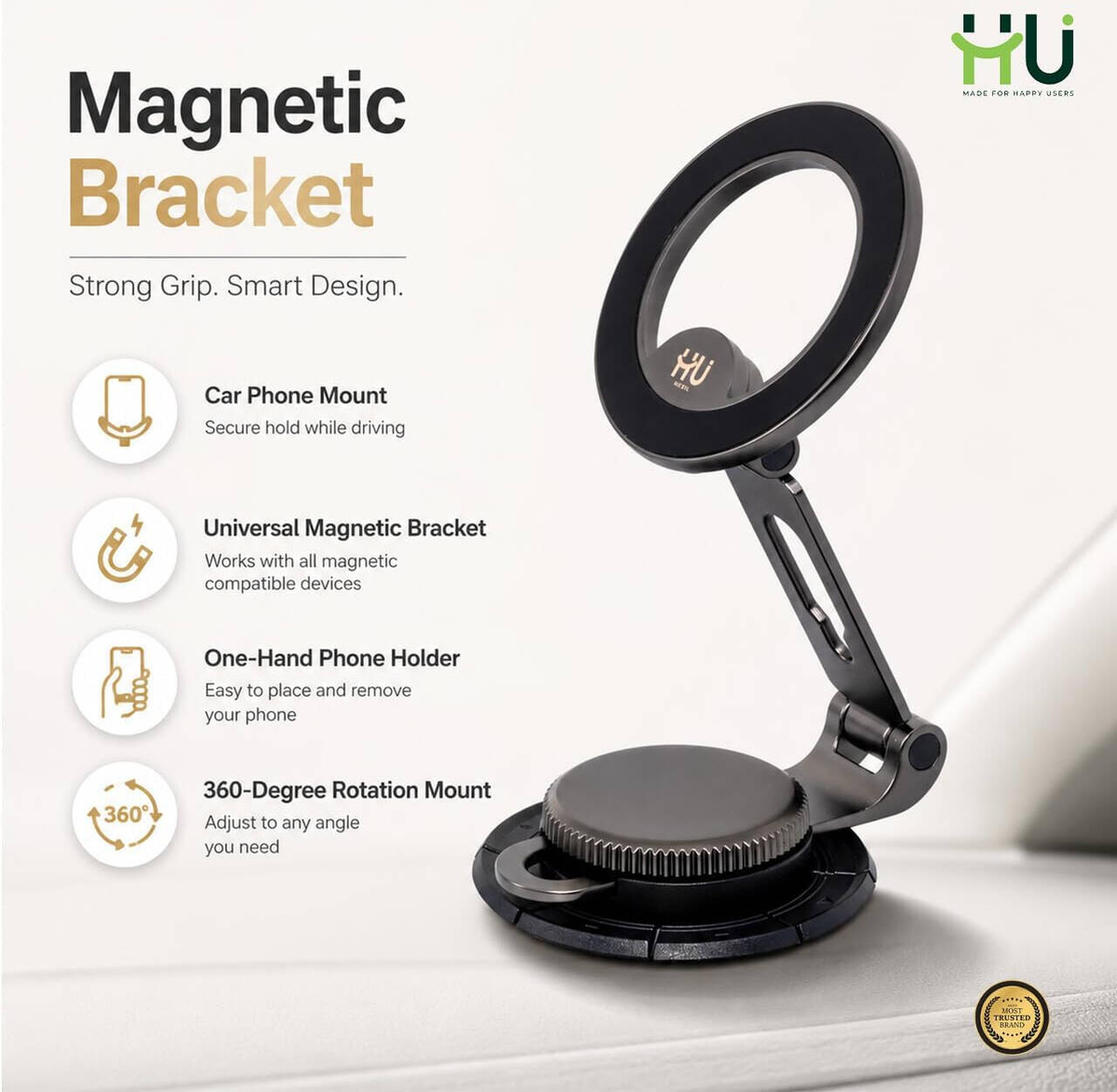 HU Strong Magnetic Car Phone Holder,Rotation Mount with Powerful Magnetic Grip, Black HAC-1016