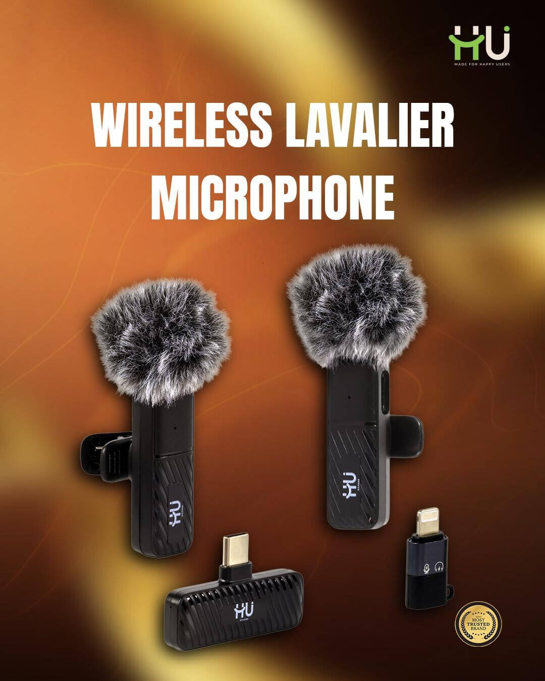 HU Mini Wireless Microphone, Dual Clip Microphone System with USB-C Receiver, Rechargeable Battery, Noise Reduction Video Recording, Black HAC-1026