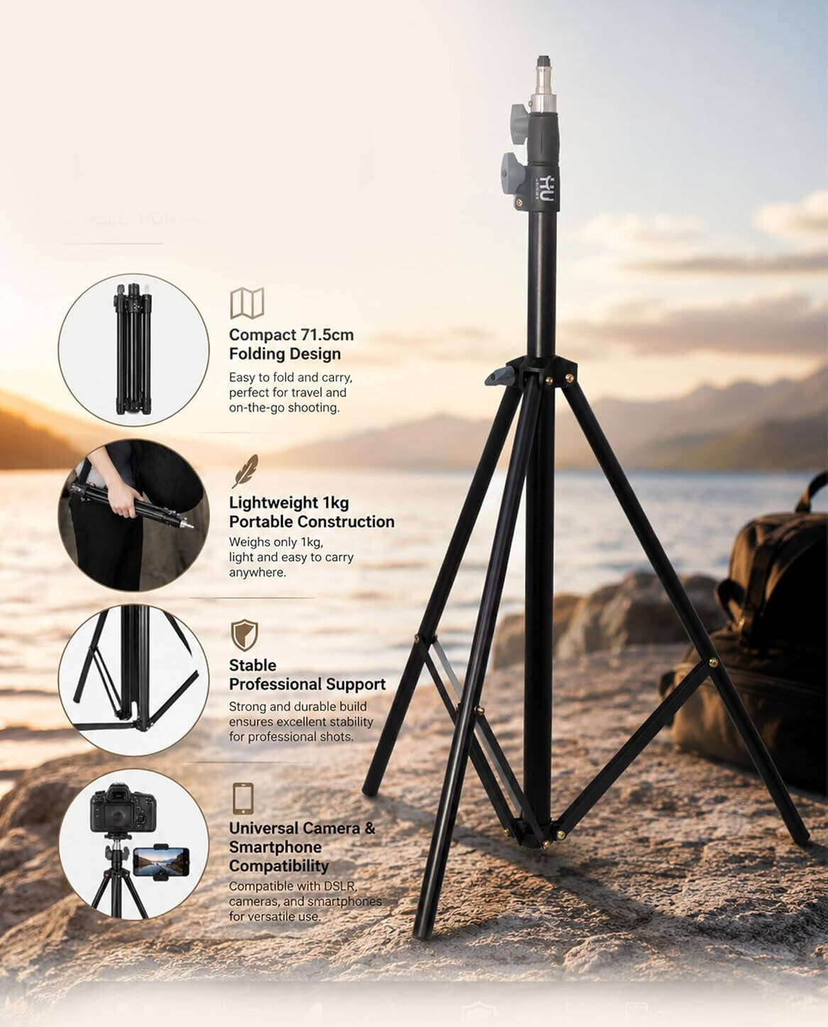 HU Professional Camera Tripod 210cm Adjustable Aluminum Tripod Stand with Portable Storage Bag for DSLR Cameras, Camcorders, Smartphones & Photography, Black | HAC-1027