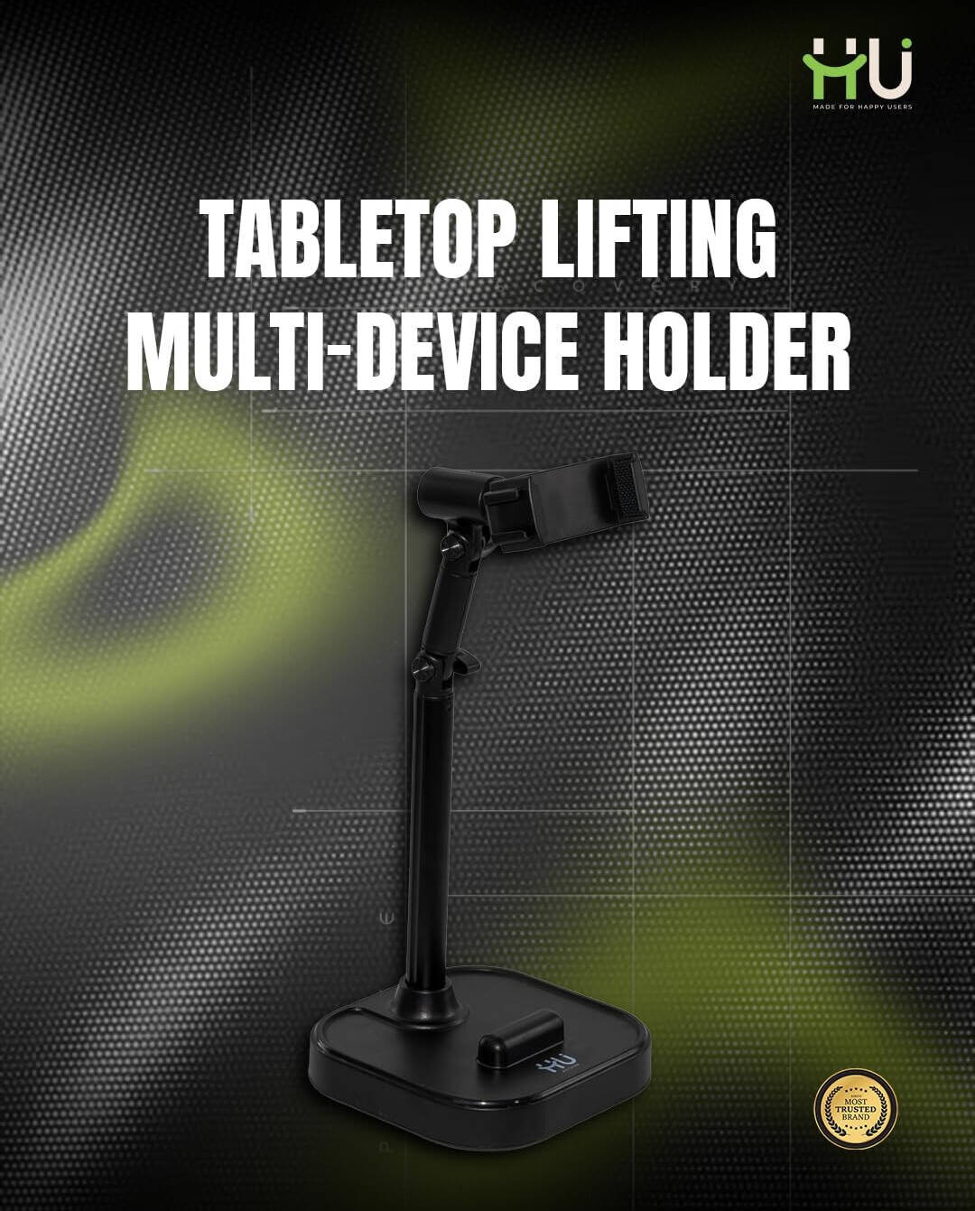HU Elevator Desktop Phone Holder, Adjustable Multi-Device Stand for Smartphones and Tablets Desktop Stand for Video Recording, Live Streaming and Hands-Free Use, Black | HAC-1028