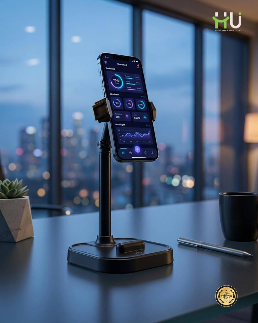 HU Elevator Desktop Phone Holder, Adjustable Multi-Device Stand for Smartphones and Tablets Desktop Stand for Video Recording, Live Streaming and Hands-Free Use, Black | HAC-1028