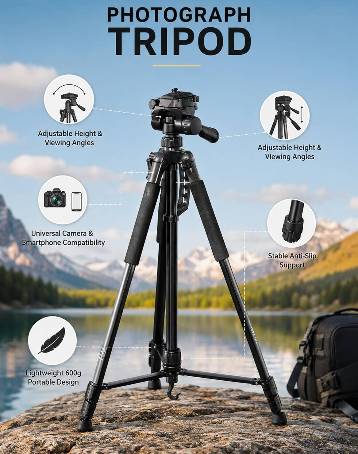 HU Camera & Camcorder Tripod, Adjustable Portable Tripod Stand with ABS & Stainless-Steel Construction for DSLR Cameras, Camcorders, Smartphones & Video Recording, Black HAC-1029