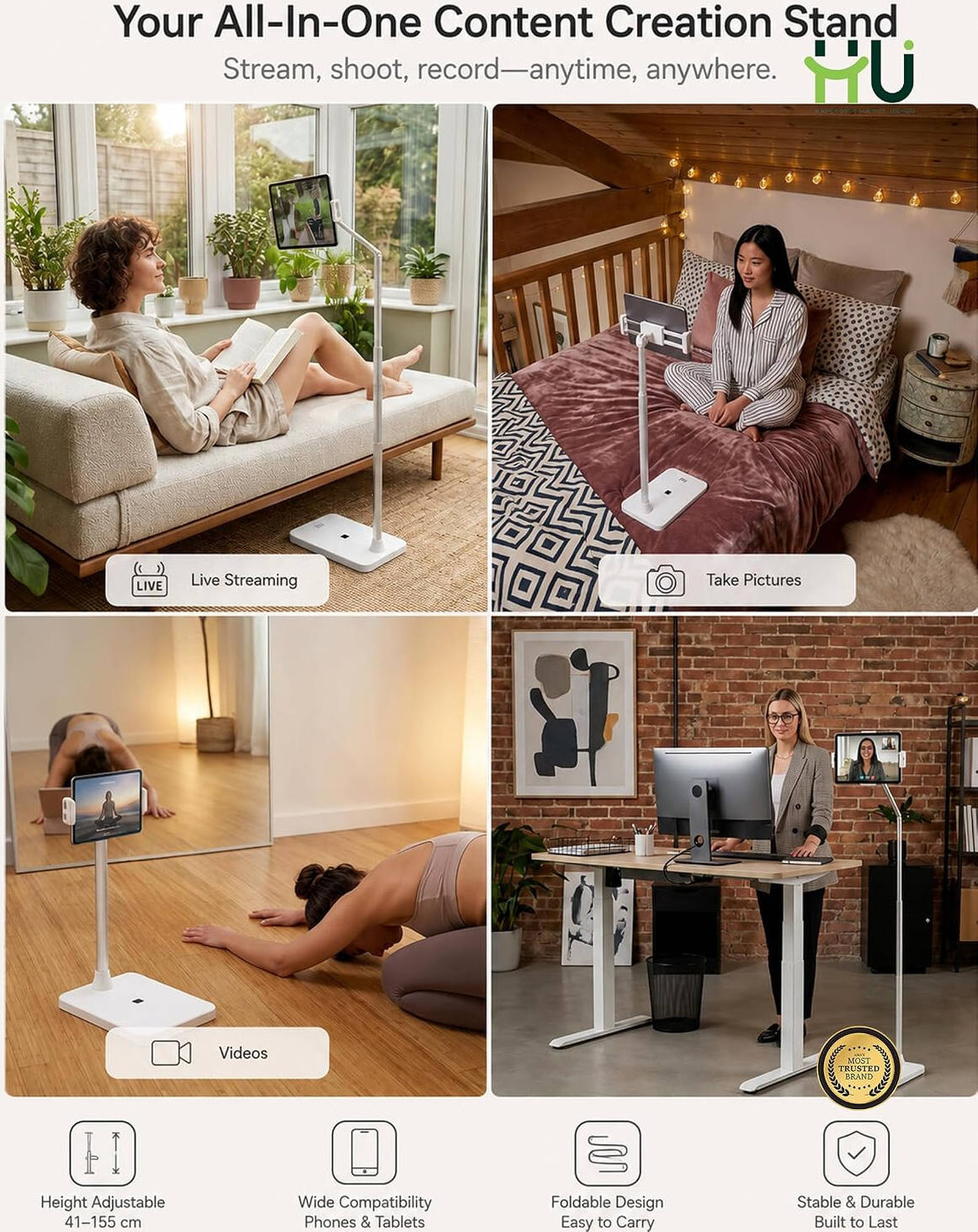 HU Ultimate Mobile Live Streaming Stand, with Dual LED Lighting, Aluminum Alloy Tripod,Photography, and Video Recording.HAC-1038