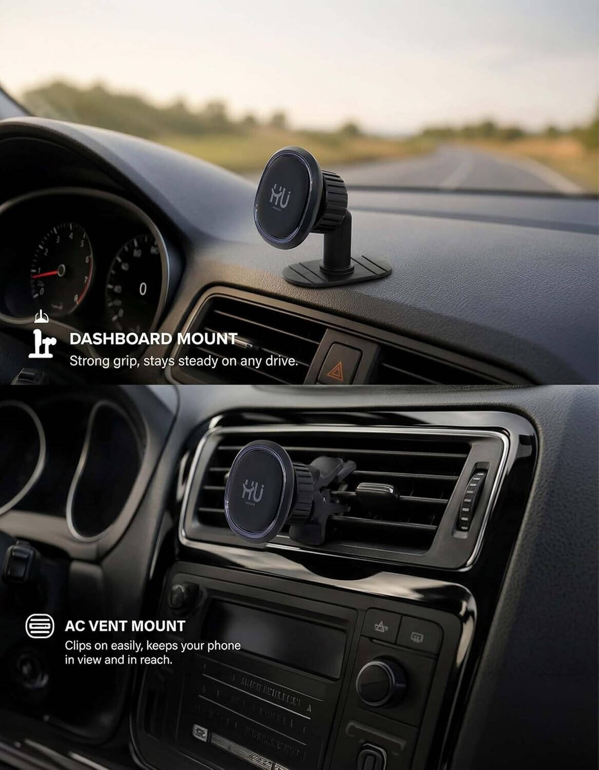 HU Magnetic Car Phone Holder Strong Magnetic Dashboard & Air Vent Mount with One-Hand Operation 360° Rotation BlacK HAC-1039