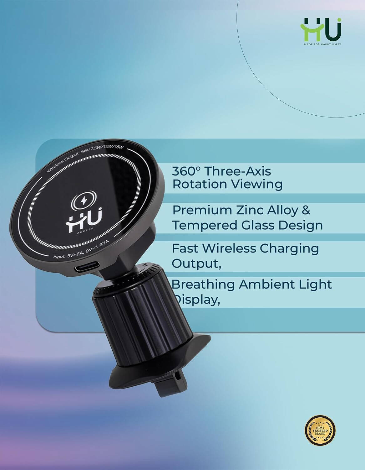 HU Car Charger – Magnetic Wireless – Access 15W With Phone Mount HAC-1043