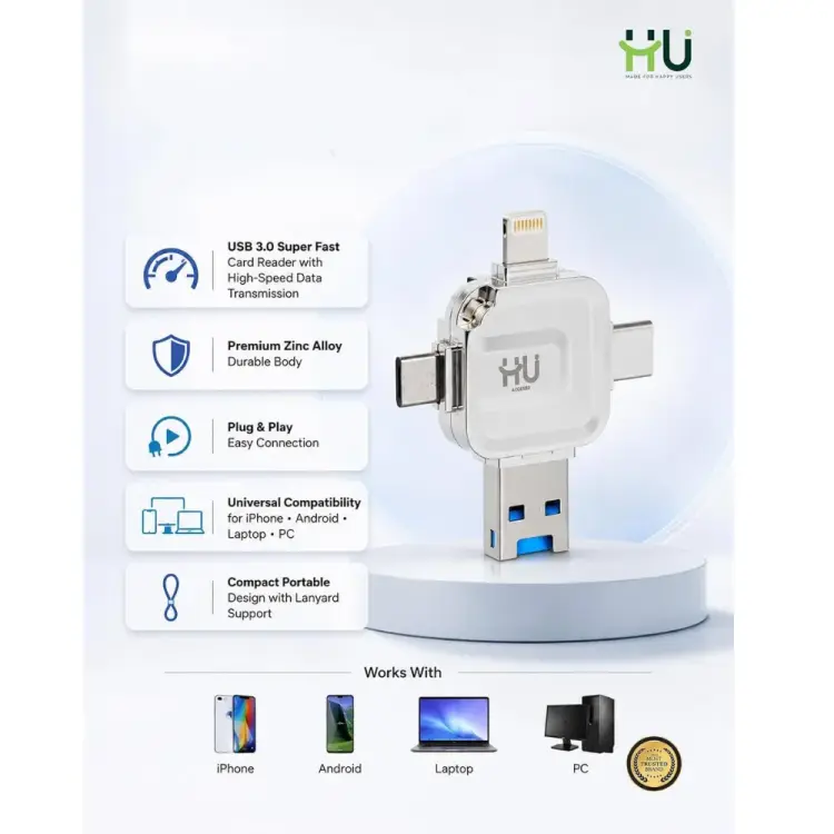 HU USB 3.0 Super-Fast Card Reade Plug & Play High-Speed Data Transfer Reader for iPhone, Android, Laptop & PC, Compact Portable SD/TF Card Reader, White HAC-1049