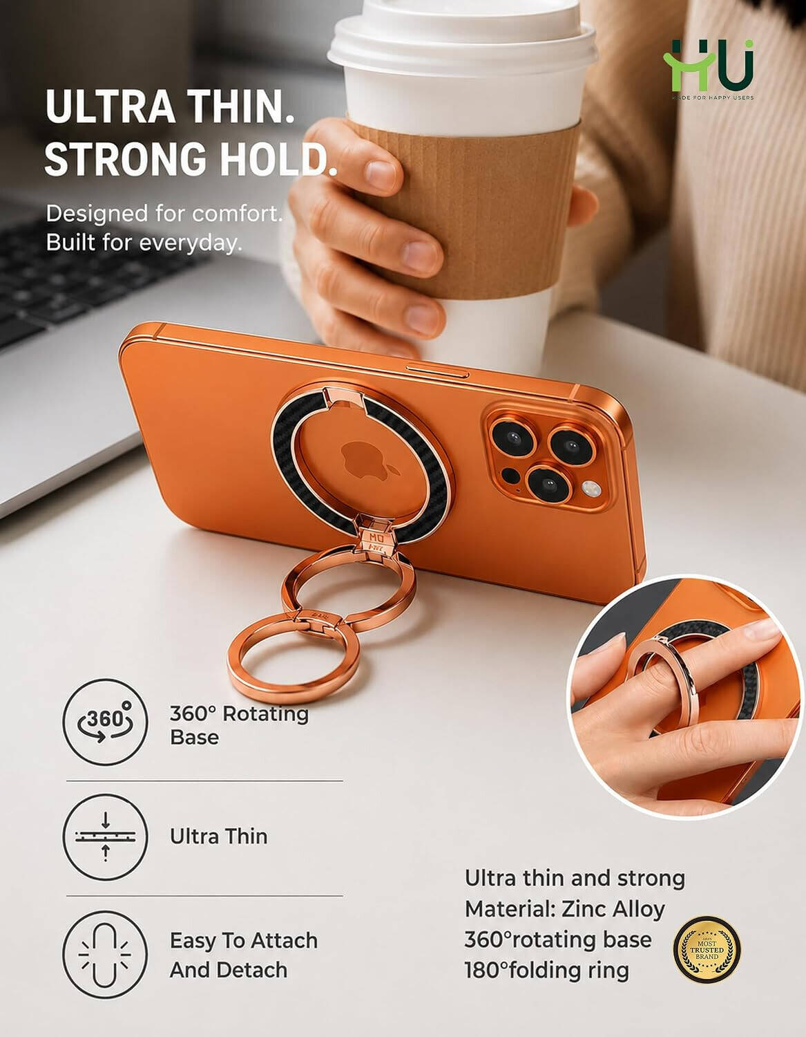 HU Snap.Hold.Go Magnetic Phone Grip Stand, Ultra Thin MagSafe Compatible Phone Holder with Strong HAC-1054 (ROSE GOLD)