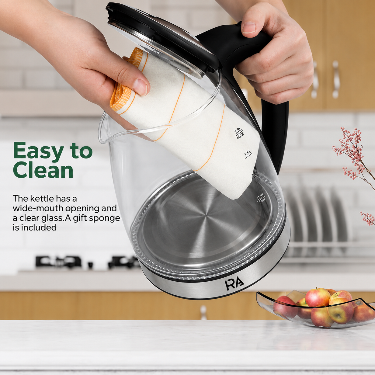 RA Electric Glass Kettle 1.8L Fast Boil with LED Indicator & Auto Shut Off – Black