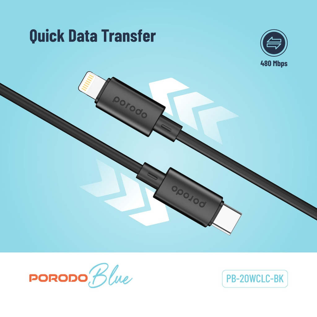 Porodo Blue 20W PD Type C to Lightning PVC Cable 1.2M - Black