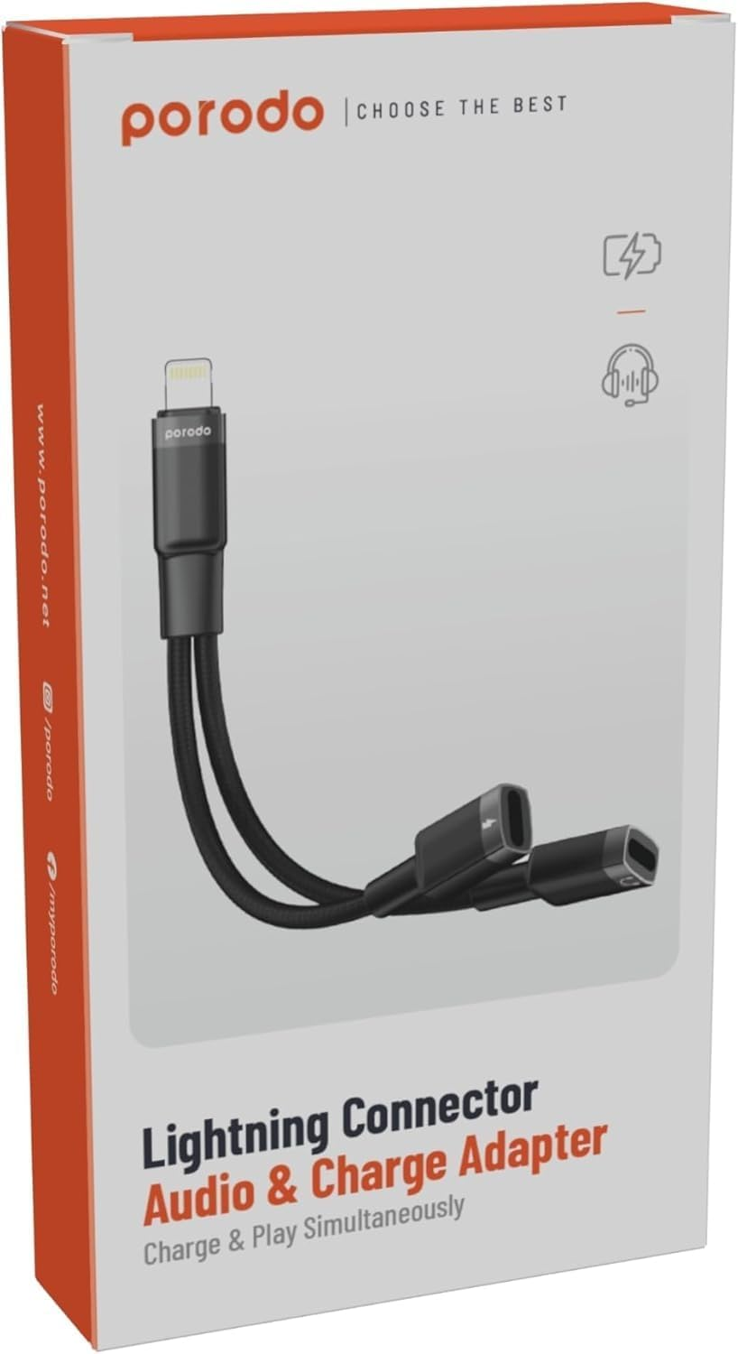 Porodo 2in1 Lightning to 2*Lightning Jack Headphone and Charging Converter Adapter