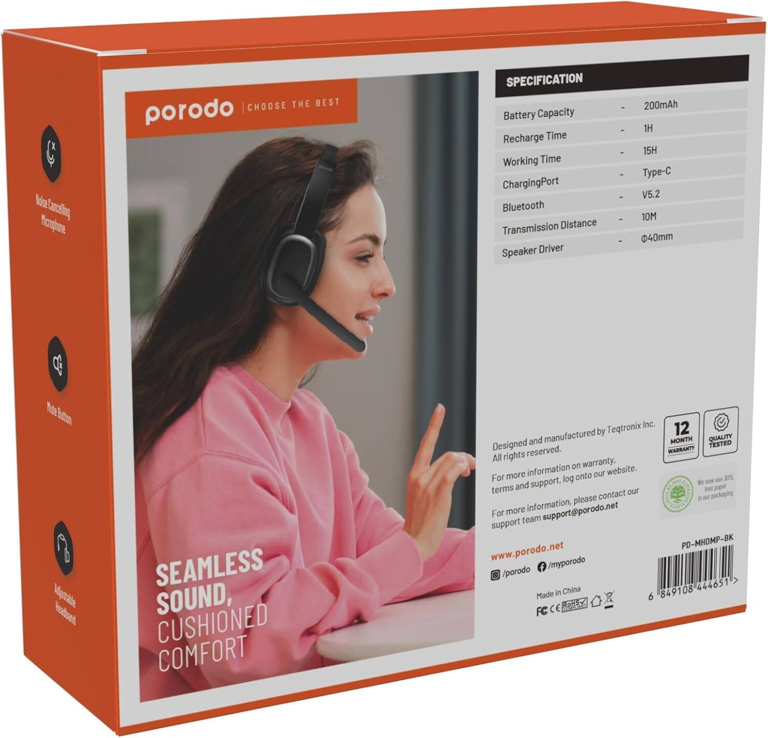 Porodo Mono Headphone with Microphone - Black