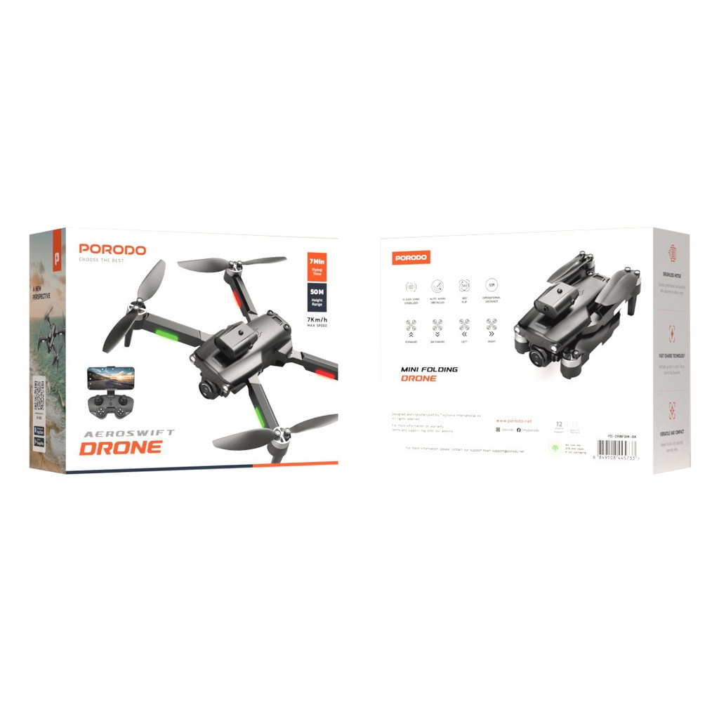 Porodo AeroSwift R/C Folding Drone With Brushless Motor and Infrared Obstacle Avoidance - Black