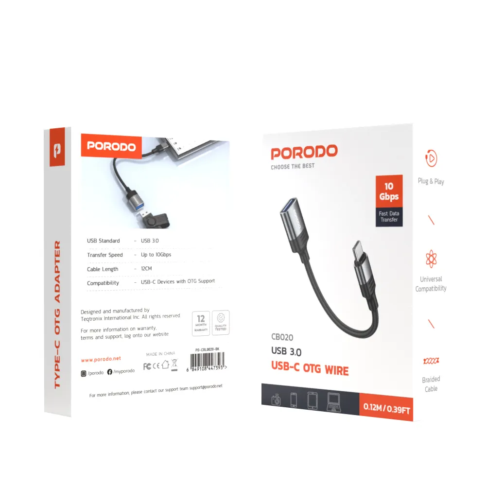 Porodo Woven USB A to Type-C Adapter 0.12M Cable