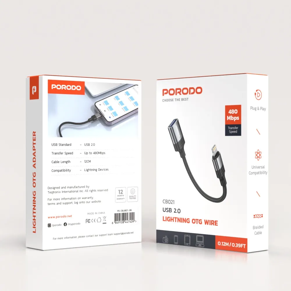 Porodo Woven USB A to Lightning Adapter 0.12M Cable