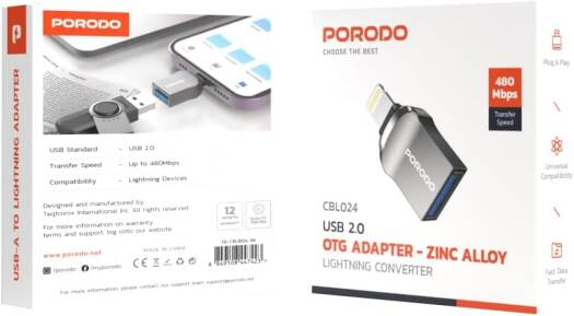Porodo USB A to Lightning Adapter 0.12M Cable -Black